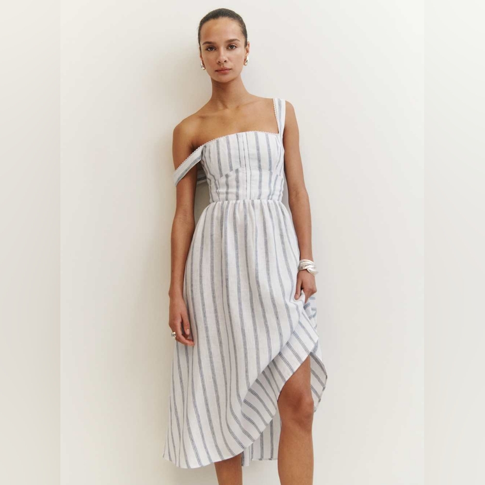 Reformation Petites Tagliatelle Linen Dress in Harbor Stripe 0P